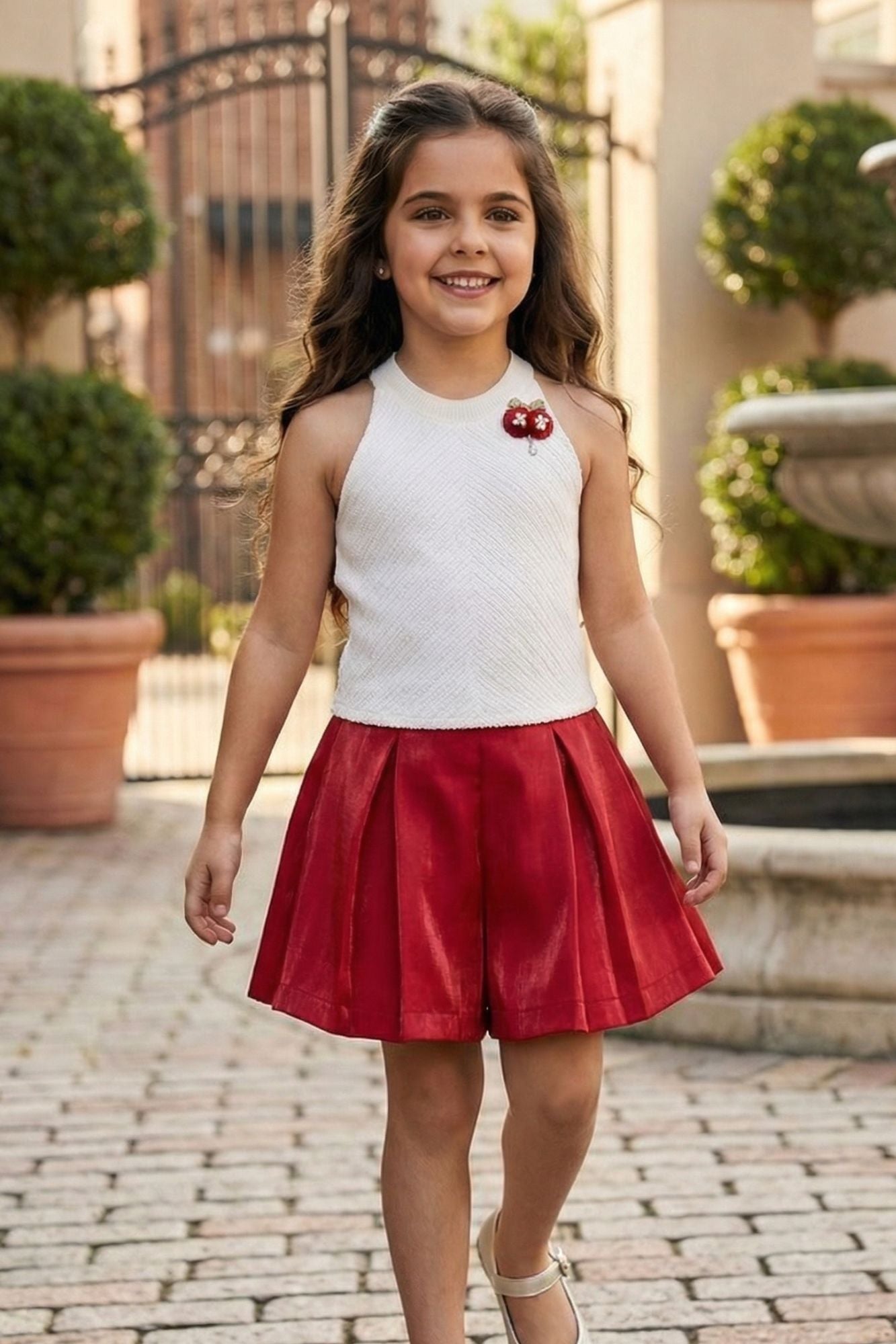 White Halter Top And Red Pleated Shorts Co-ord Set For Girls