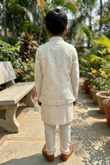 Cream Floral Embroidered Nehru Jacket With Kurta Set For Boys