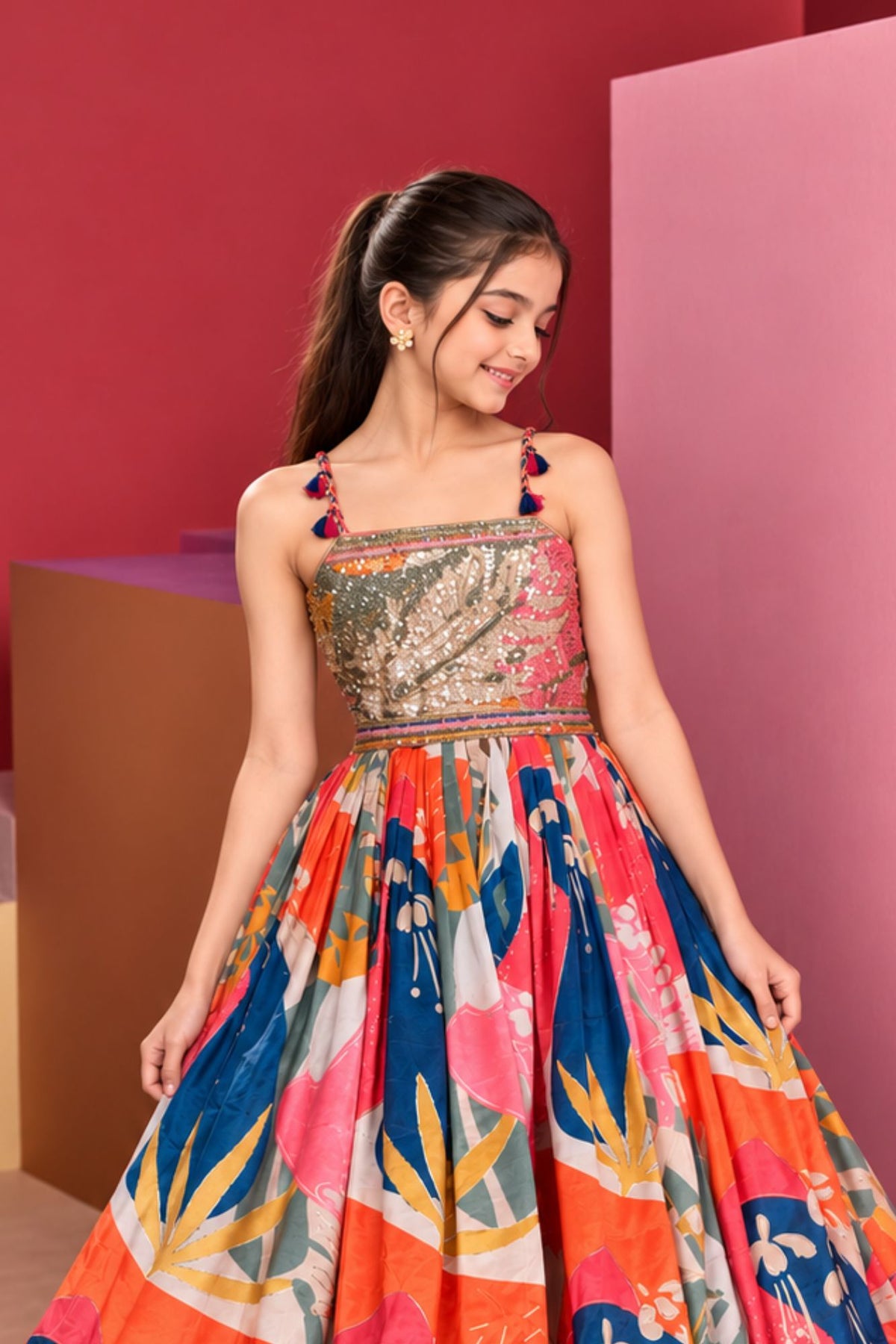Multicolor Abstract Print Embellished Ethnic Gown For Girls