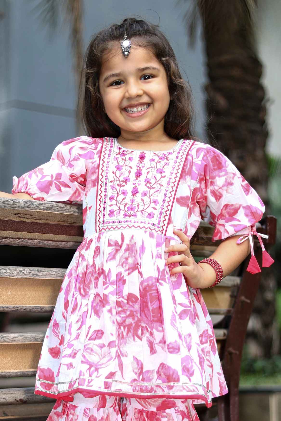 Rani Pink Floral Printed And Embroidery Cotton Sharara Set For Girls