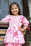 Rani Pink Floral Printed And Embroidery Cotton Sharara Set For Girls