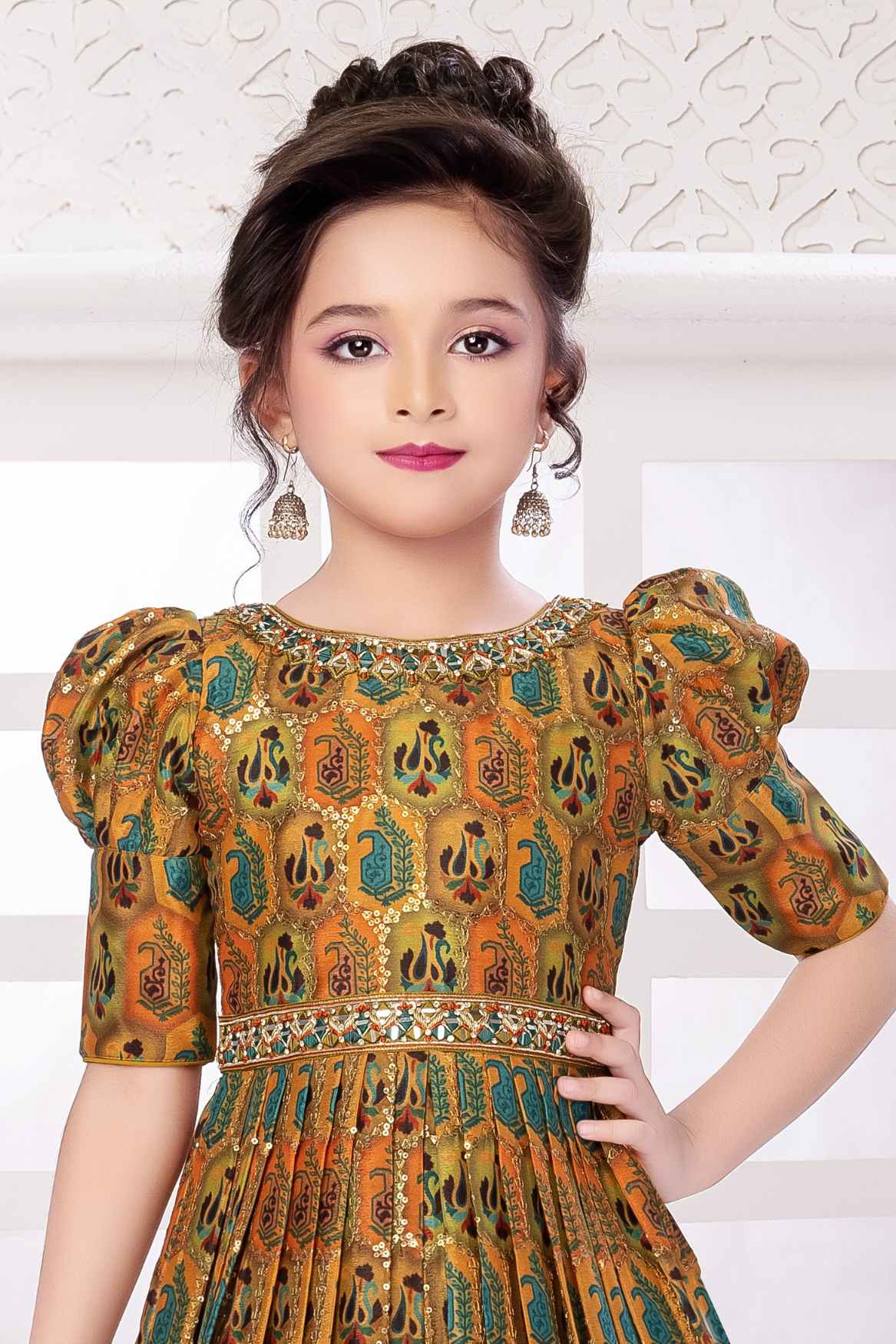 Gold Printed Ethnic Gown With Stone-Embellished Waistband For Girls