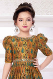 Gold Printed Ethnic Gown With Stone-Embellished Waistband For Girls