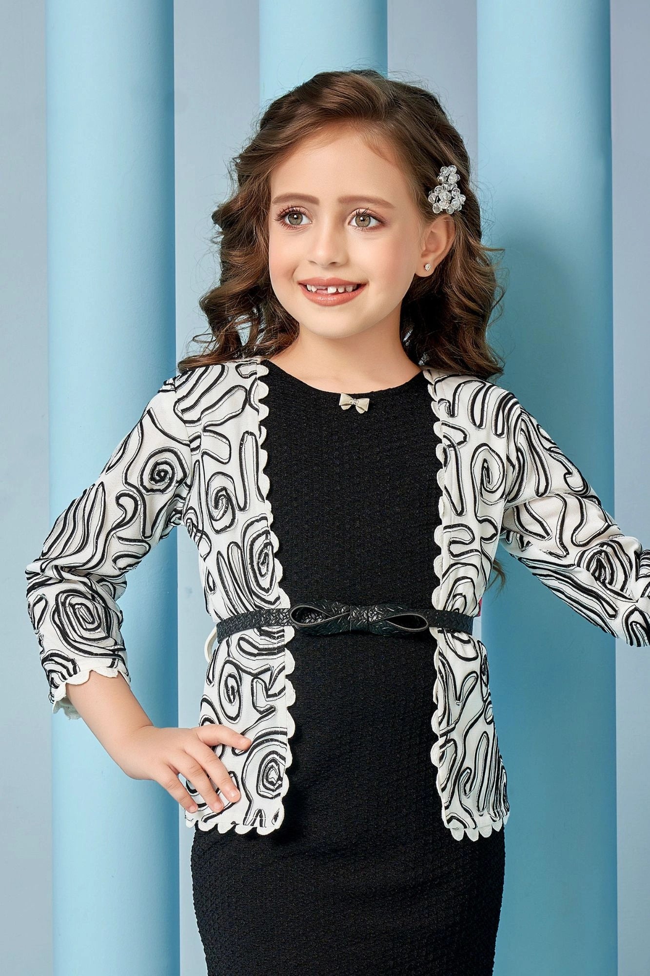 Black Textured Dress with White Printed Jacket & Belted Detail For Girls
