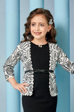 Black Textured Dress with White Printed Jacket & Belted Detail For Girls