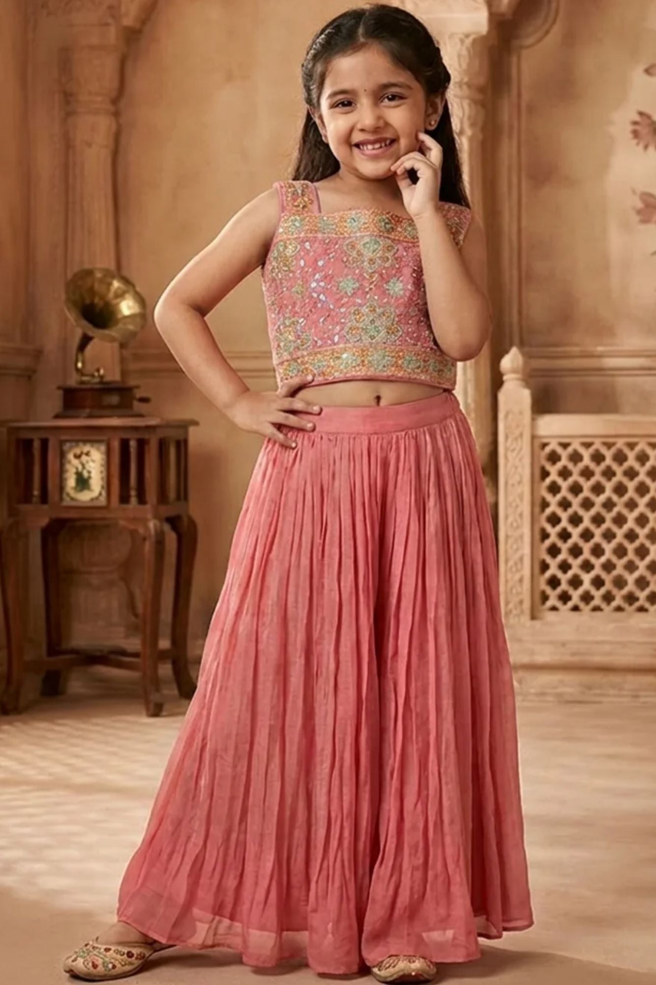 Girls Dusty Pink Embroidered Palazzo Set with Jacket And Crop Top