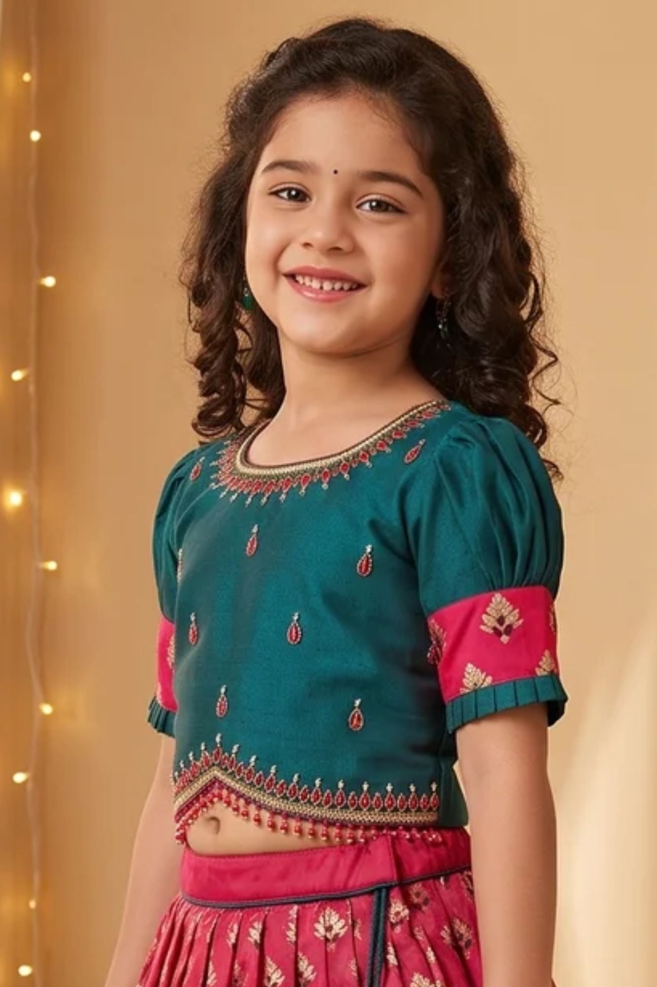 Girls Teal Green and Rani Pink Pattu Pavadai Set