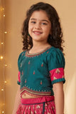 Girls Teal Green and Rani Pink Pattu Pavadai Set