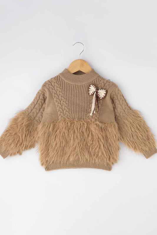 Brown Pullover With Fur And Bow Embellished For Girls