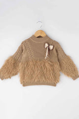 Brown Pullover With Fur And Bow Embellished For Girls