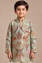 Boys Elegant Pista Green Floral Printed Kurta Set