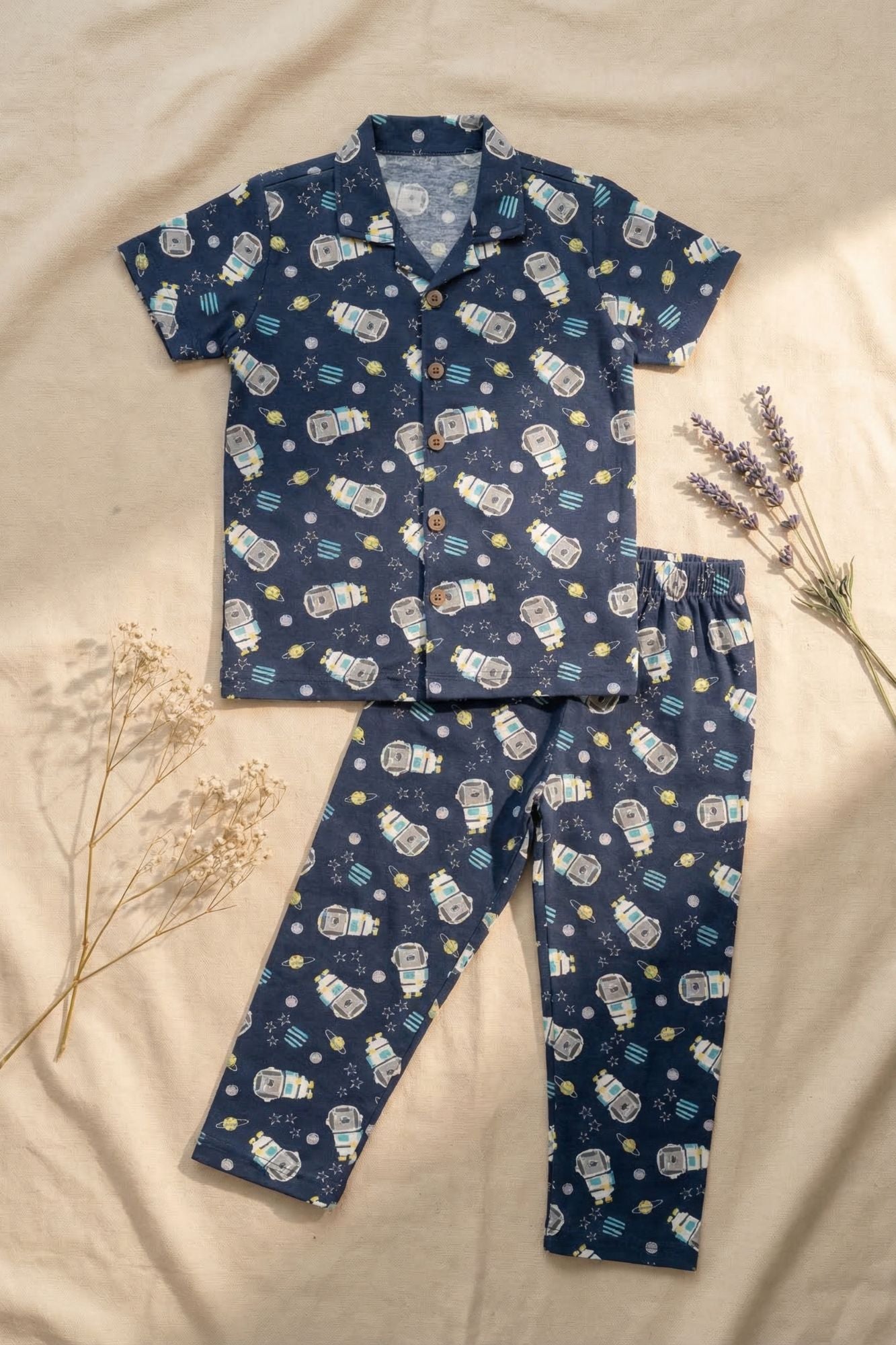 Navy Blue Space Astronaut Print Cotton Night Suit Set For Boys