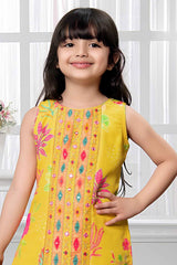 Mustard Floral Printed And Mirror Work Sharara Set For Girls