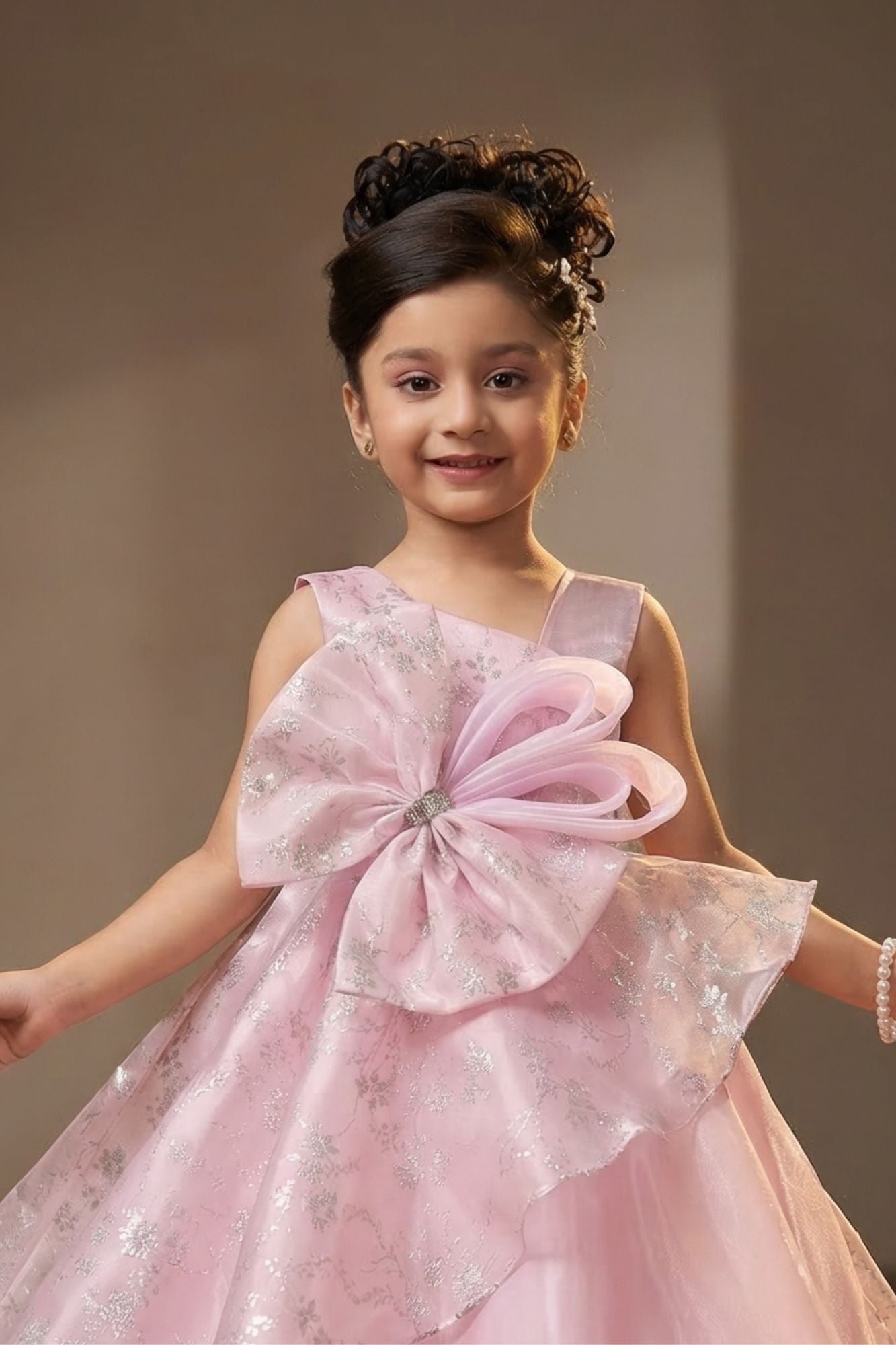 Girls Baby Pink Layered Party Wear Gown with Statement Bow