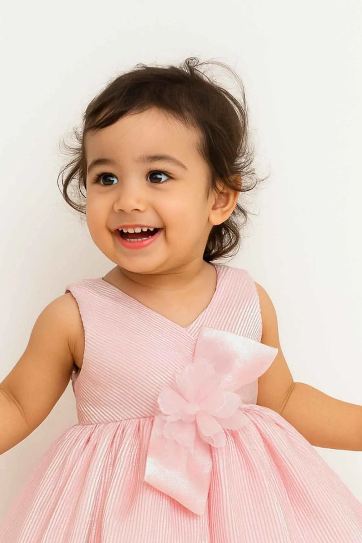 Pink Shimmer V-Neck Party Dress With Floral Bow For Girls