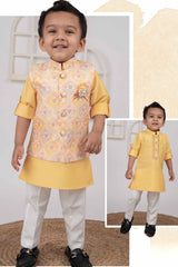 Little Collars Yellow Kurta Set With Embroidered Overcoat For Boys