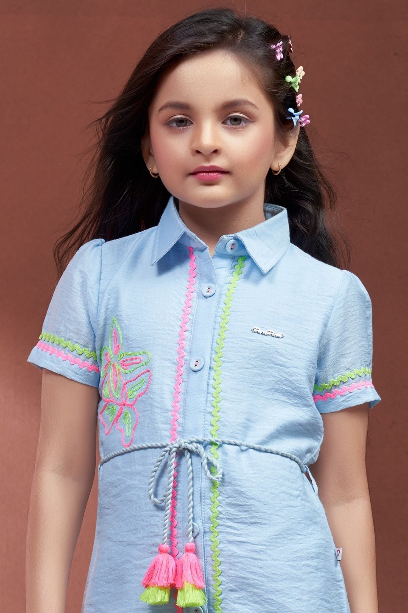 Girls Sky Blue  Shirt Dress with Neon Embroidery And Tassel Tie-Up Waist