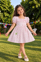 Girls Pink Floral Printed Puff Sleeve Fit And Flare Dress