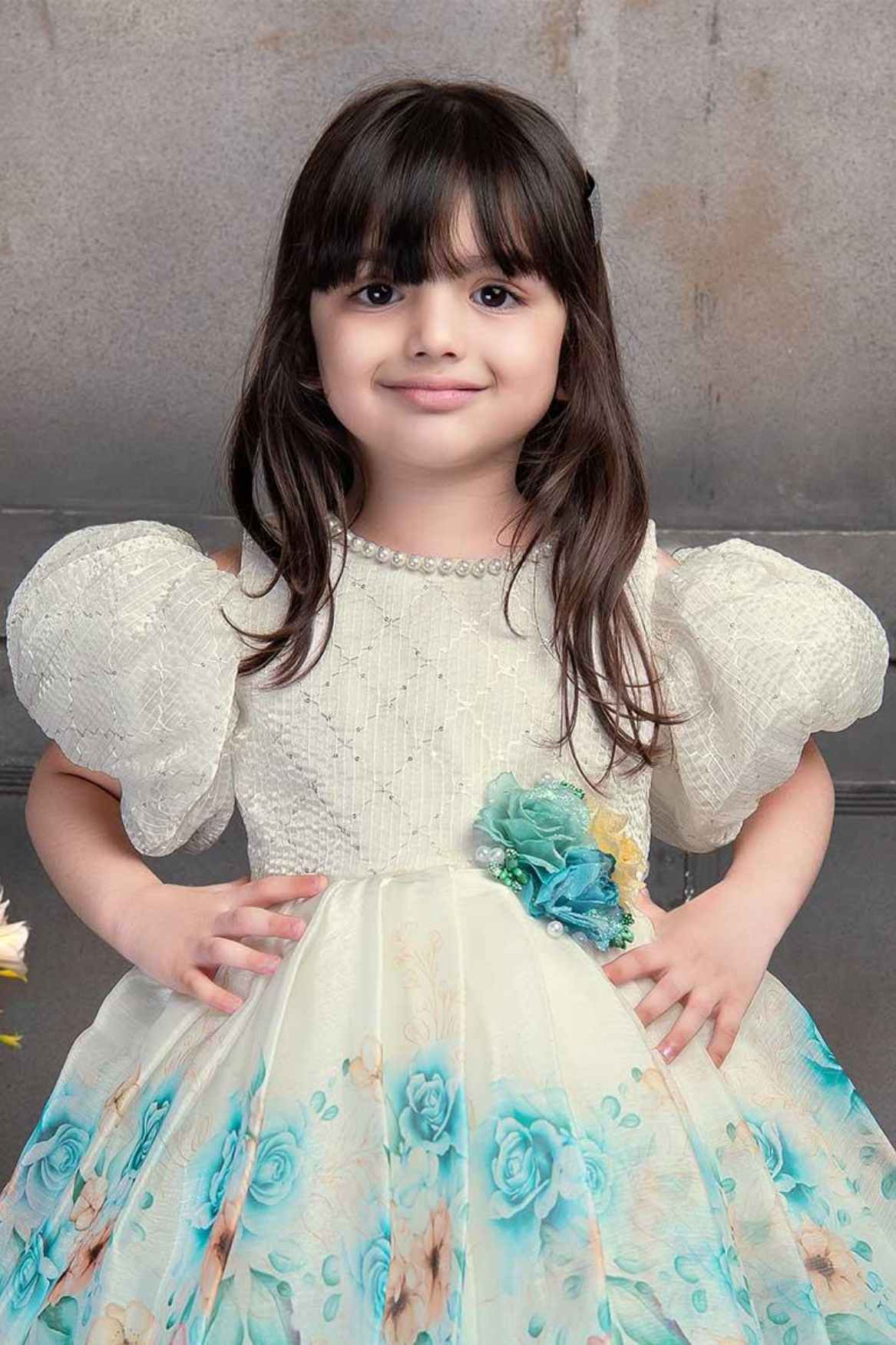 White sequin and thread work frock for girls