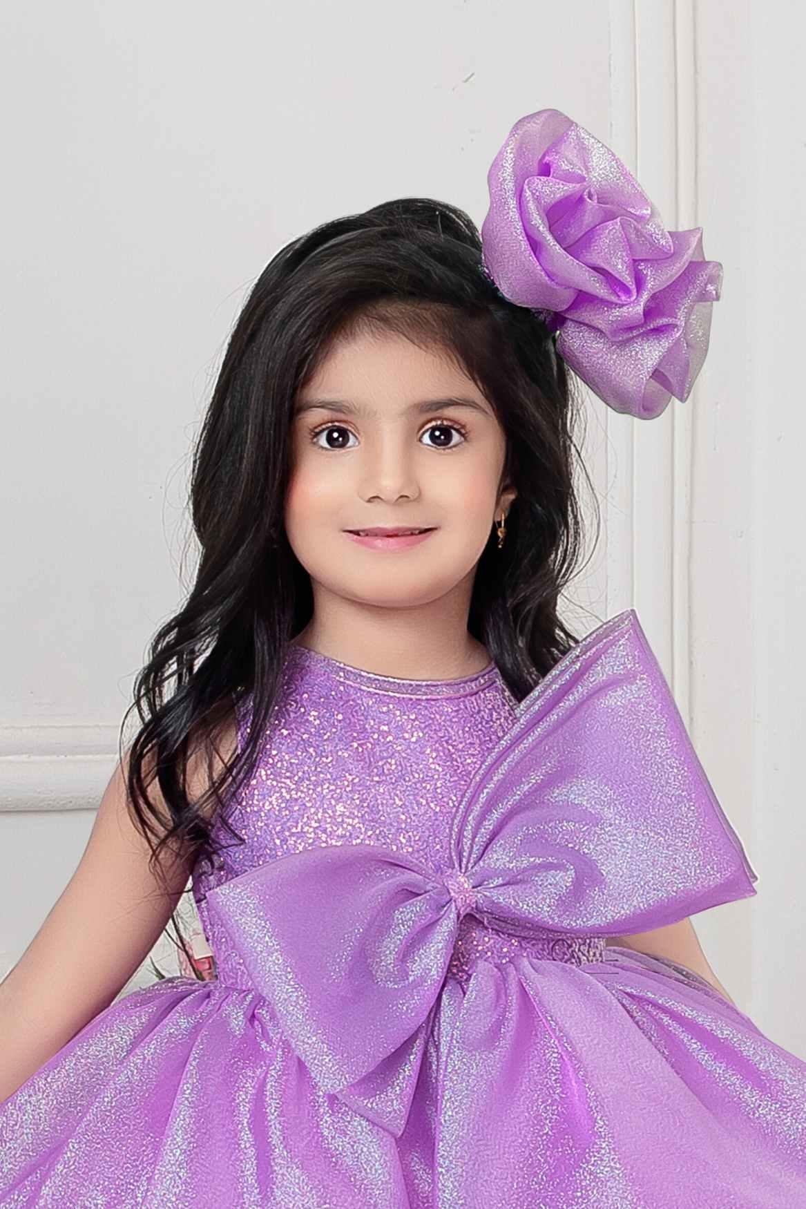 Lavender Shimmer Organza Frock With Embellished Bow For Girls - Lagorii Kids