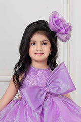 Lavender Shimmer Organza Frock With Embellished Bow For Girls