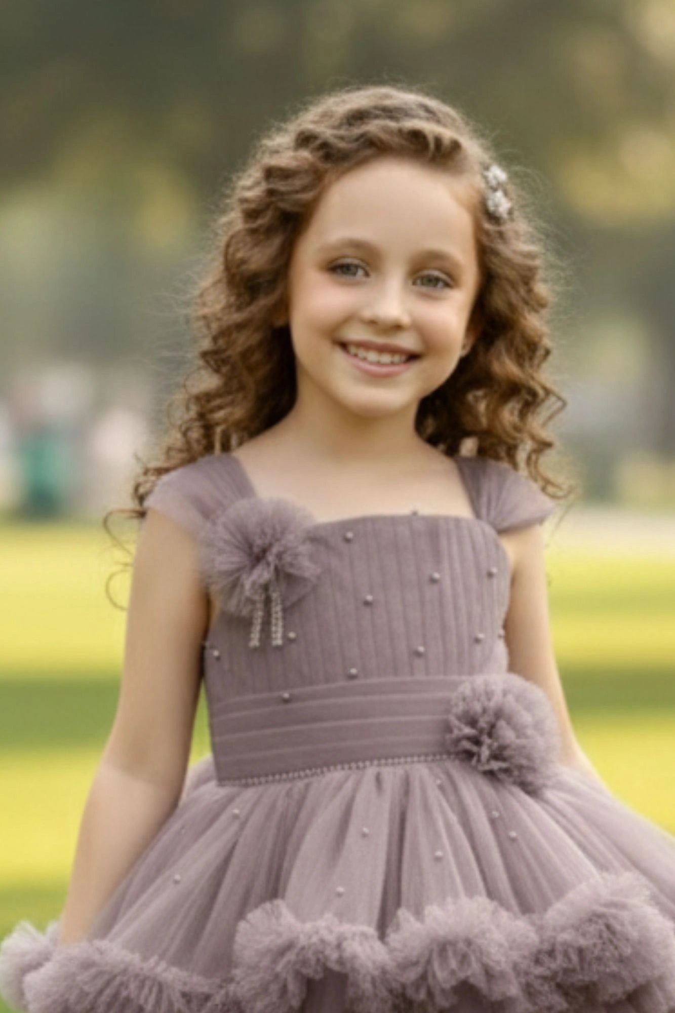 Mauve  Pearl And Stone Work With Floral Embellished Tail Back Frock For Girls