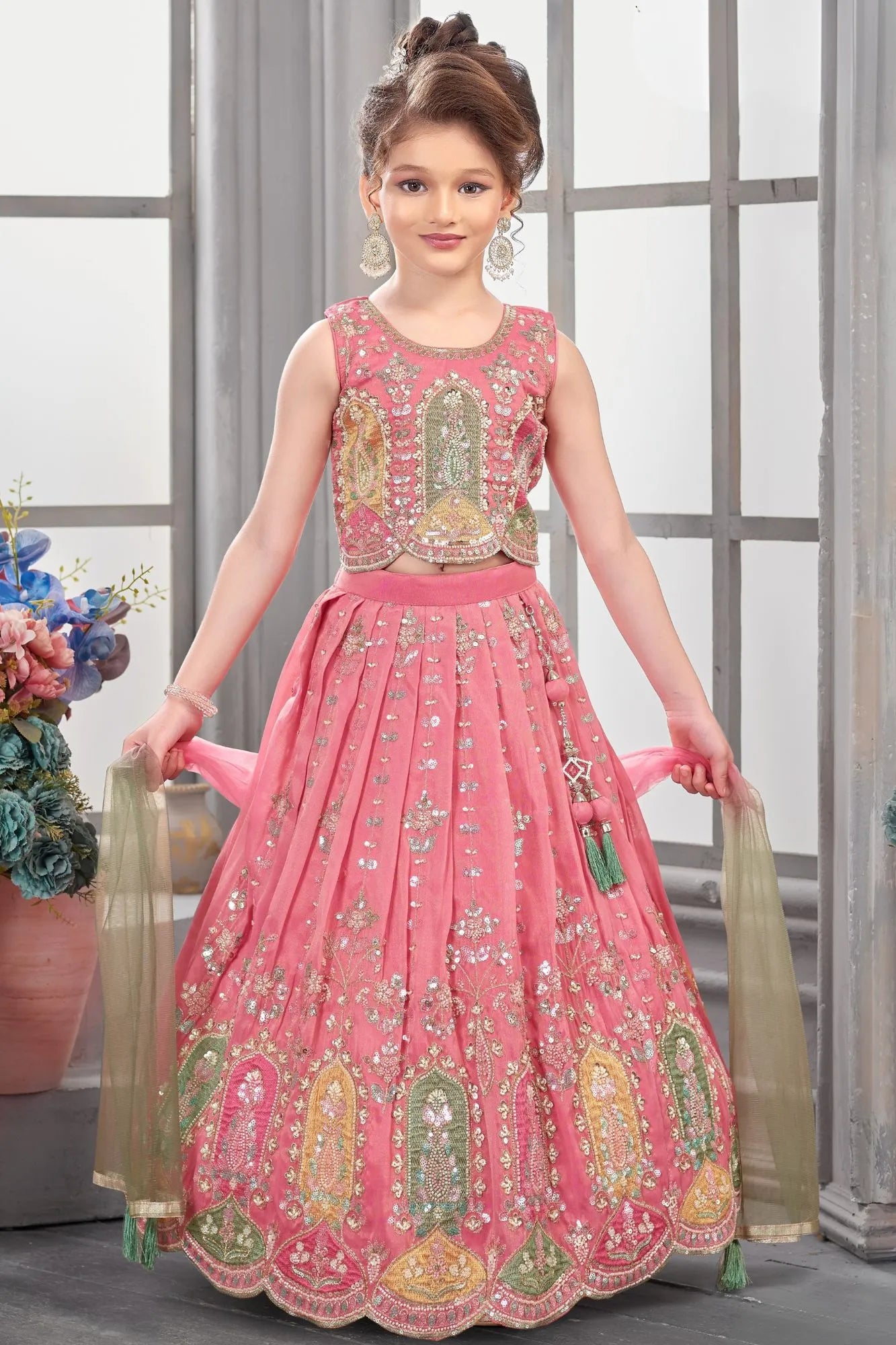 Pink Embroidered Lehenga Choli Set For Girls