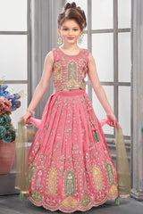 Pink Embroidered Lehenga Choli Set For Girls