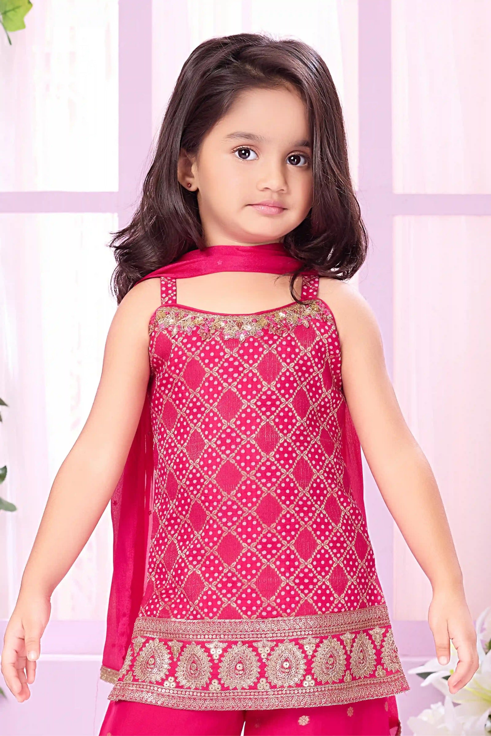 Hot Pink Embroidered Sharara Set with Sleeveless Kurti And Dupatta For Girls