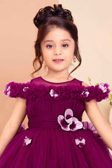 Charming Wine Ruffle Tailback Frock with Floral Embellishments For Girls