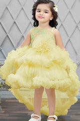 Lemon Yellow Tailback Frock With Floral Embellishment For Girls