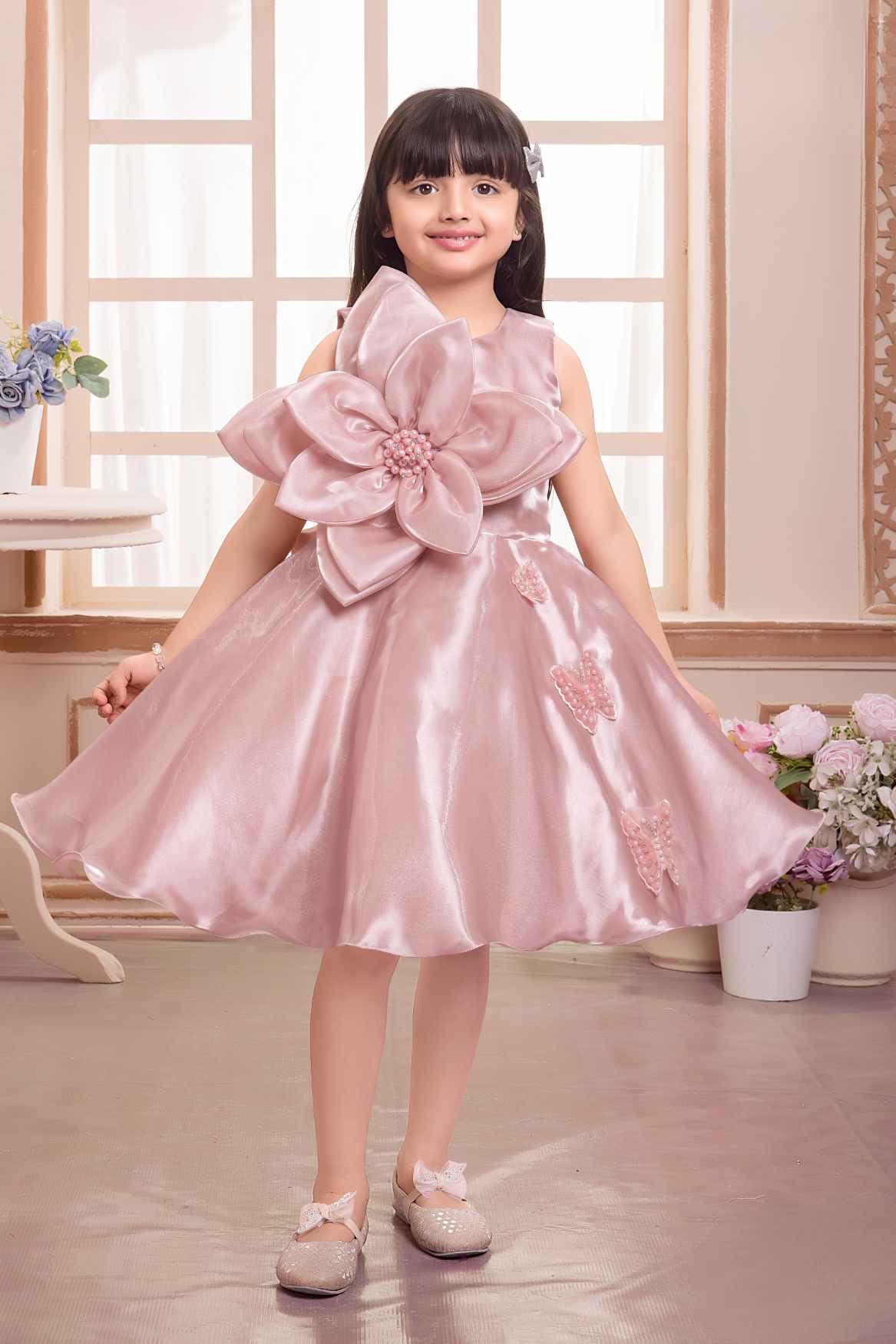 Elegant Peach Floral And Butterfly Embellished Frock For Girls