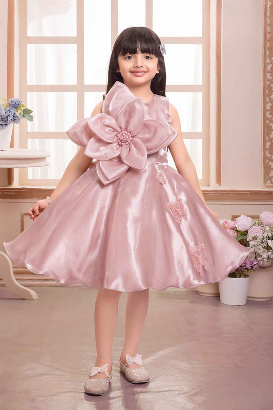 Elegant Peach Floral And Butterfly Embellished Frock For Girls
