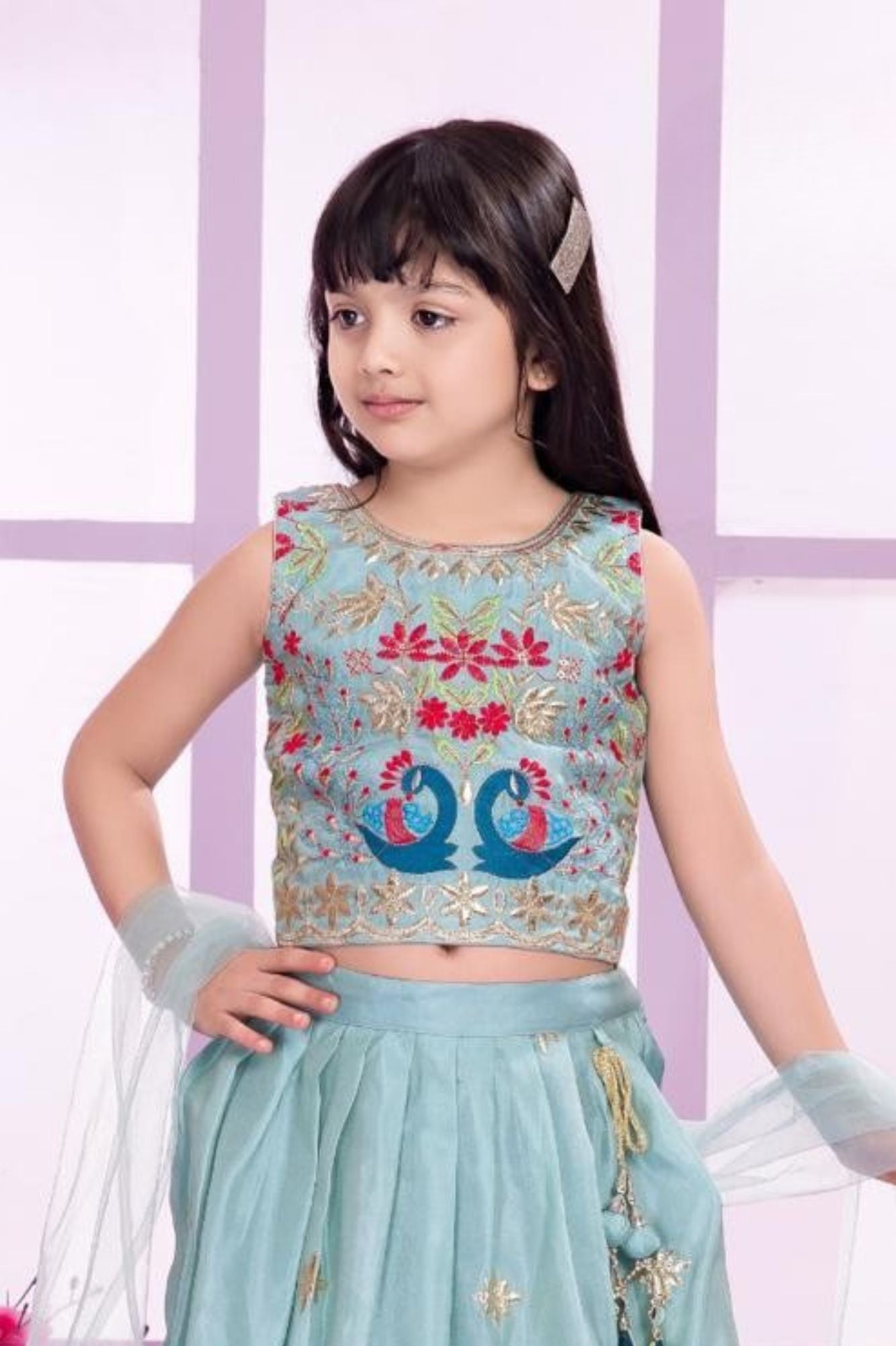 Elegant Aqua Blue Embroidered Lehenga Choli with Dupatta For Girls