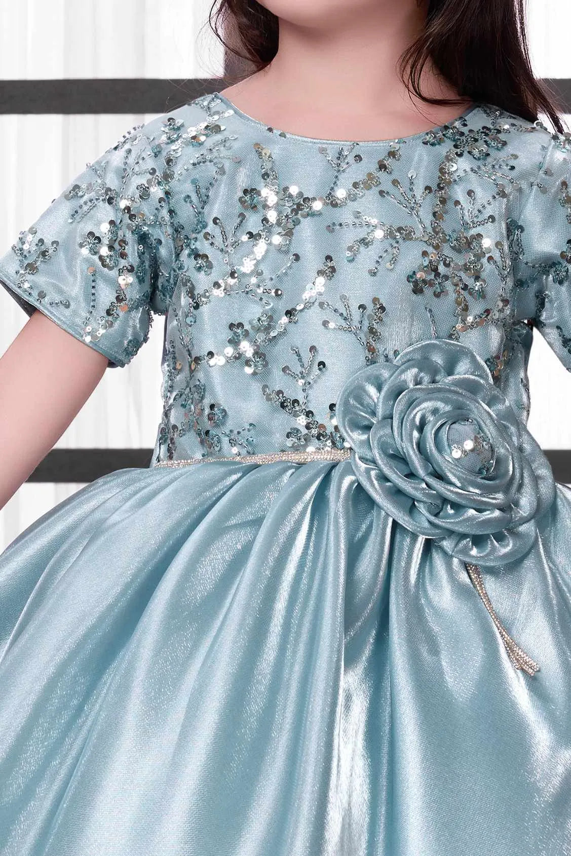 Ice Blue Sequin Party Frock For Girls