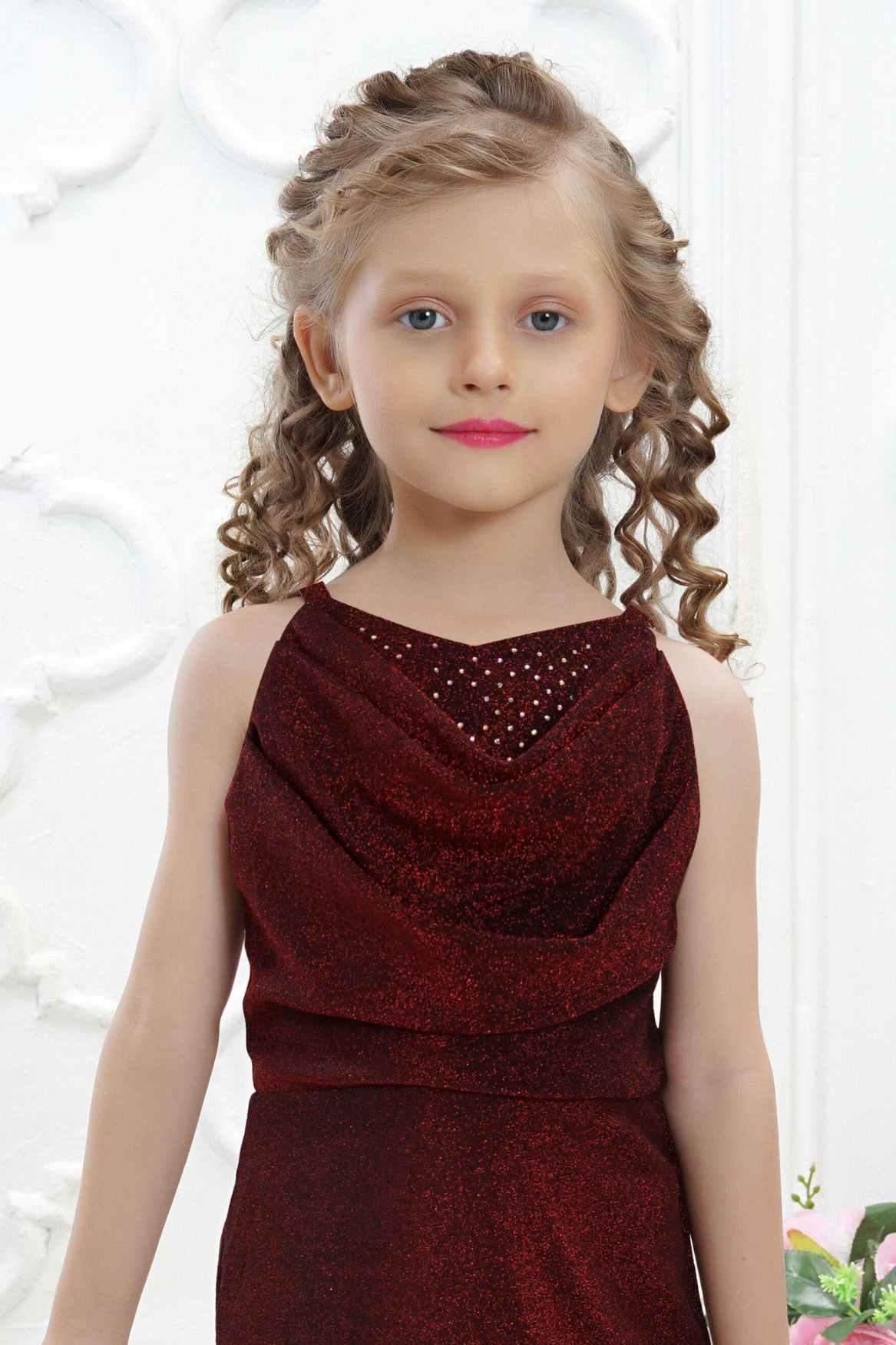 Maroon Sequin Party Wear Dress With Cowl Neck For Girls - Lagorii Kids
