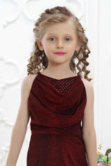 Maroon Sequin Party Wear Dress With Cowl Neck For Girls