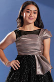 Girls Black Party Wear Gown with Metallic One-Shoulder Drape