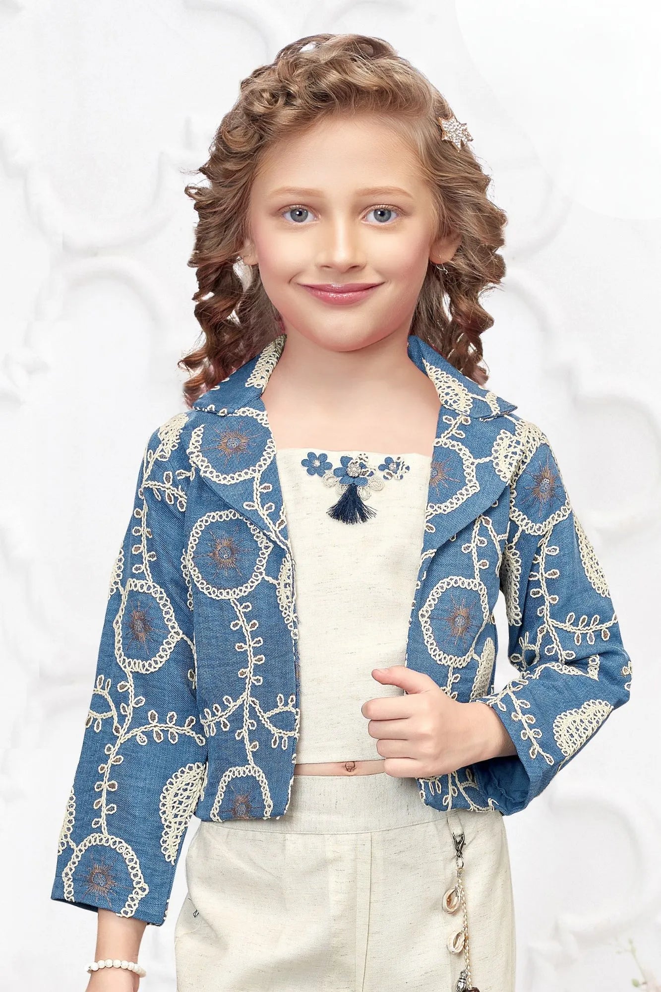 Blue Embroidered Jacket & Cream Co-Ord Set For Girls