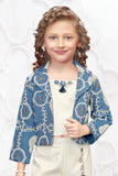 Blue Embroidered Jacket & Cream Co-Ord Set For Girls