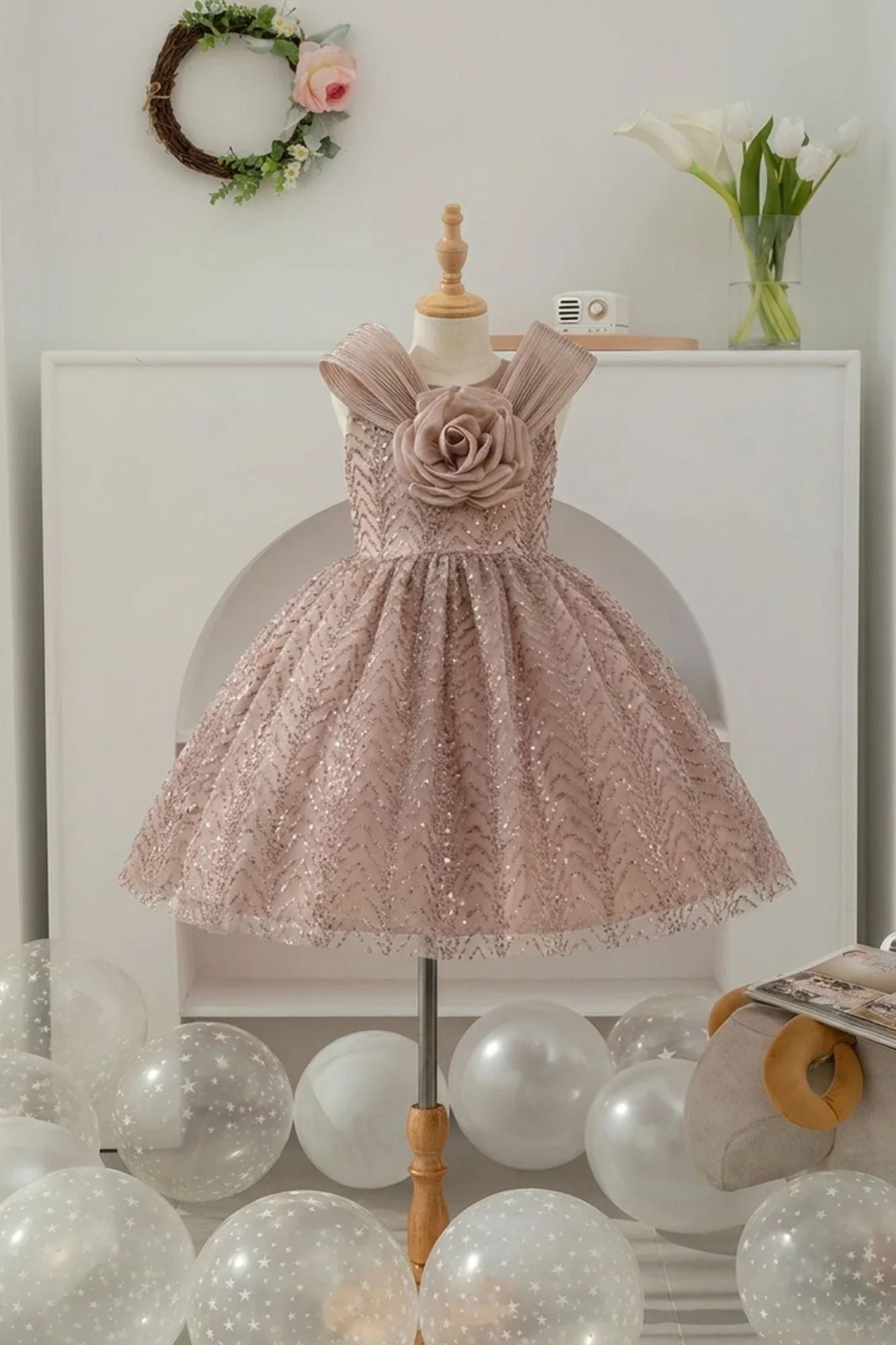 Girls Fawn Party Wear Frock with 3D Floral Bow And Sequin Detailing