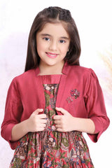 Maroon Floral Printed Frock With Waist Coat For Girls