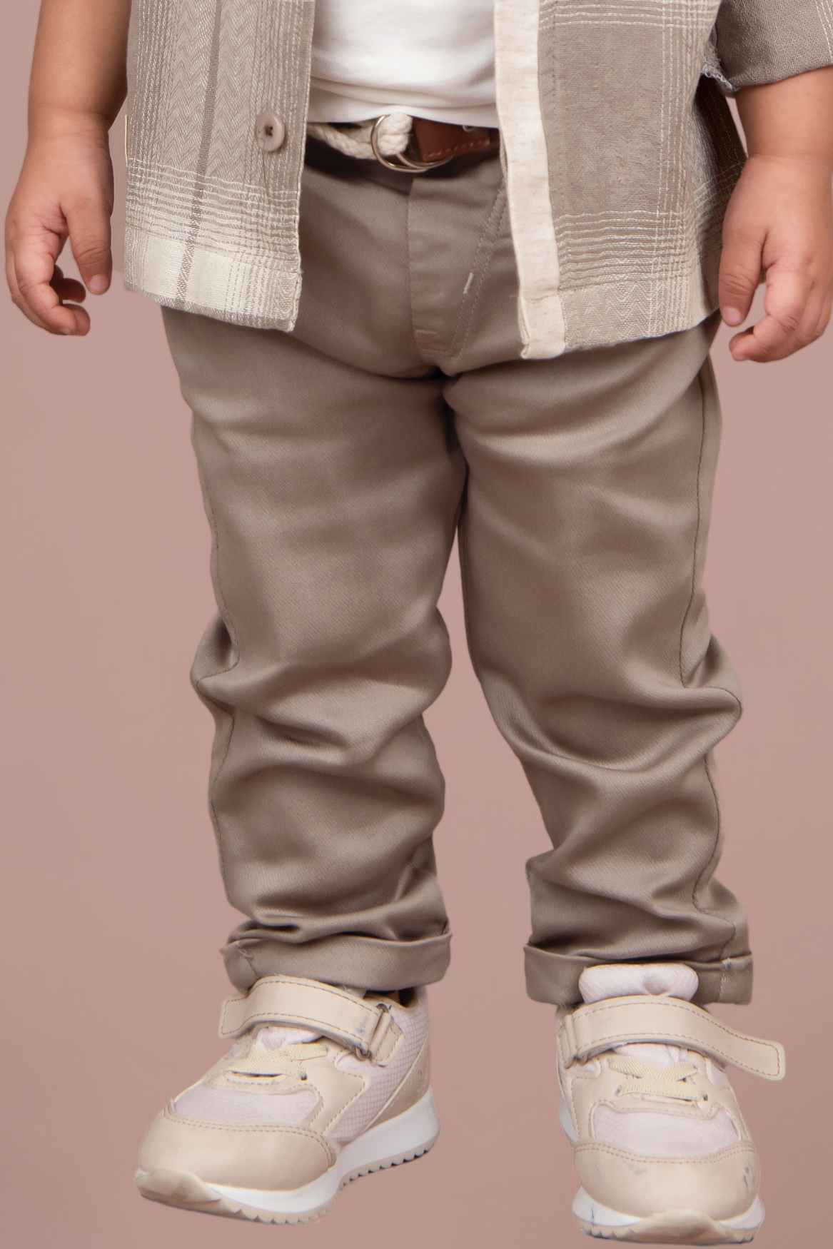 Brown Checked Shirt And Pant Set With White T Shirt For Boys