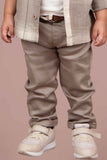 Brown Checked Shirt And Pant Set With White T Shirt For Boys