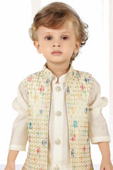 Cream Kurta Set With Embroidered Bandi For Boys