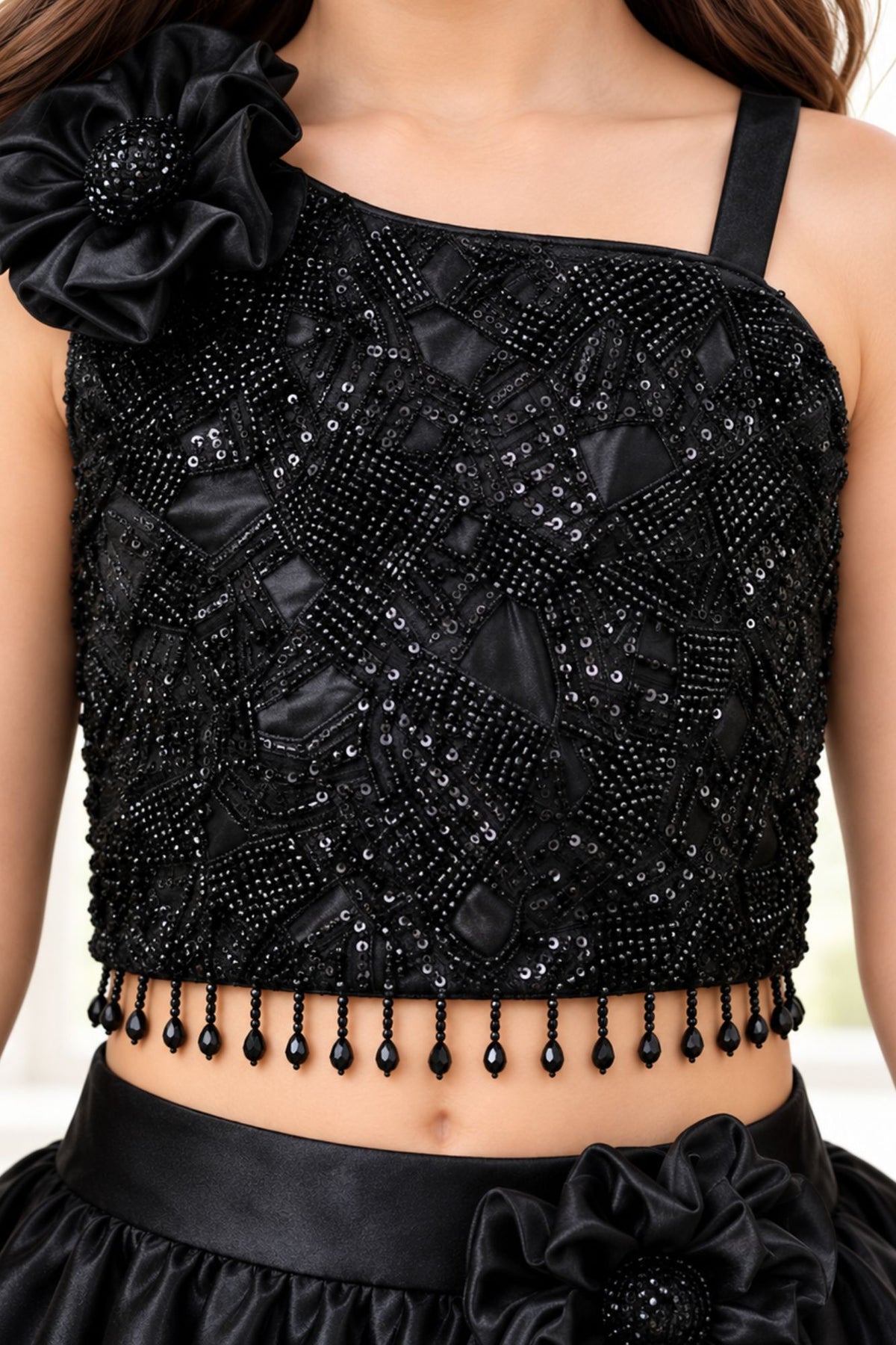 Black Sequin One-Shoulder Organza Lehenga Set For Girls