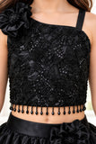 Black Sequin One-Shoulder Organza Lehenga Set For Girls