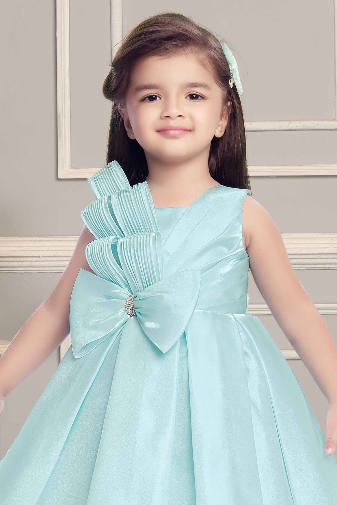 Sky Blue Frock With Bow Embellished For Girls 6-12M (16) Sky Blue Frock With Bow Embellished For Girls 6-12M (16)