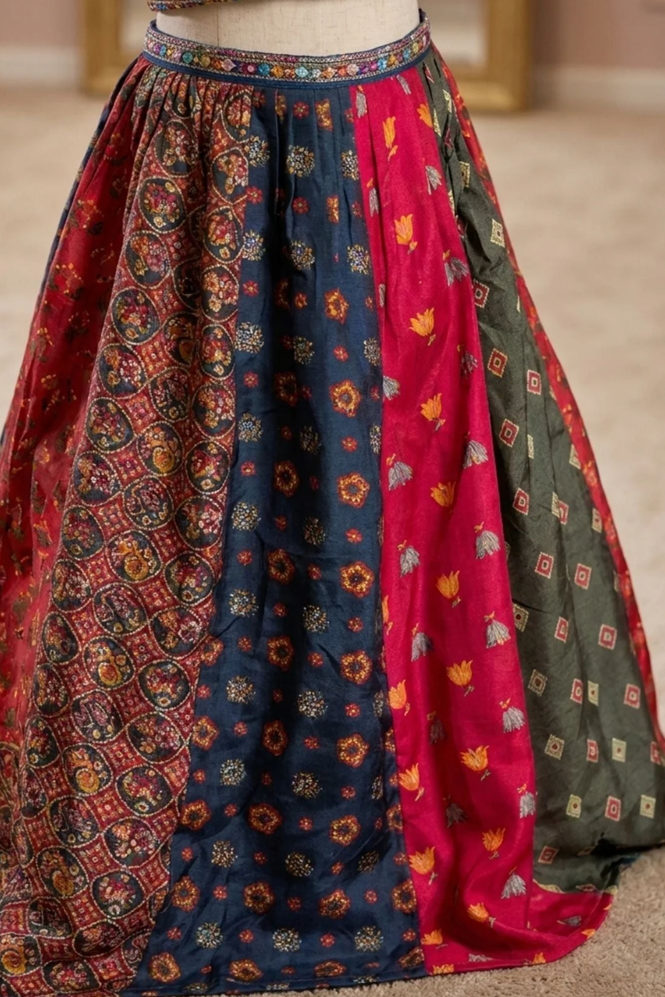 Multicolor Bandhani Printed And Floral Embroidered Lehenga Choli For Girls
