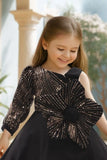 Black One-Shoulder Flower Appliqué Gown for Girls